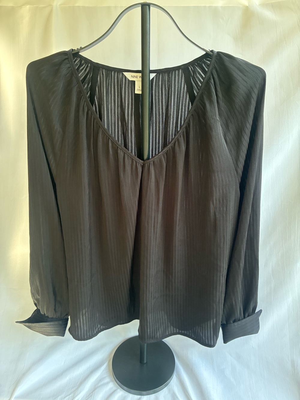 Nine West Black Sheer-Panel V-Neck Long Sleeve Blouse L